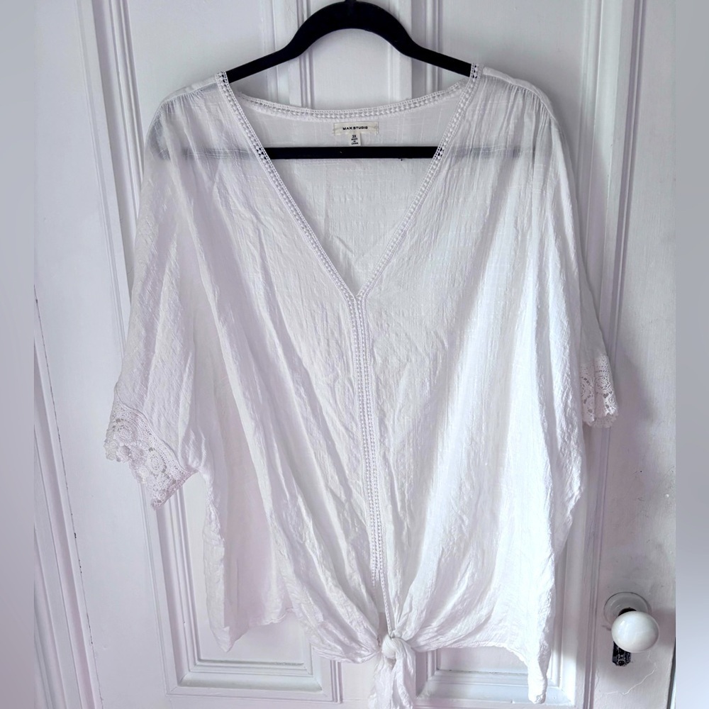 Women’s Max Studio VNeck Batwing Short Sleeve Embroidered Tie Waist Top 3X